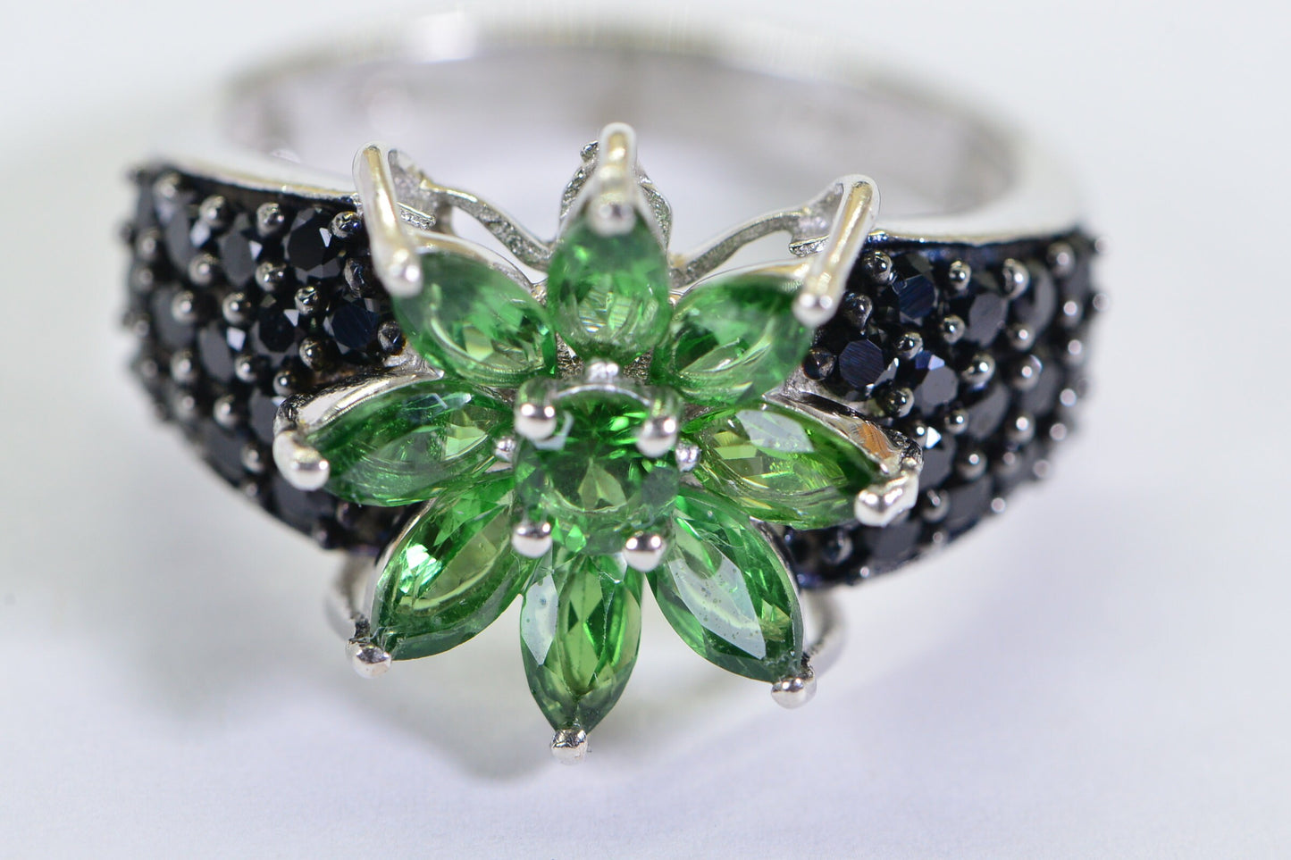 Emerald Flower Ring: Black Spinel, 14K White Gold Over Sterling Silver