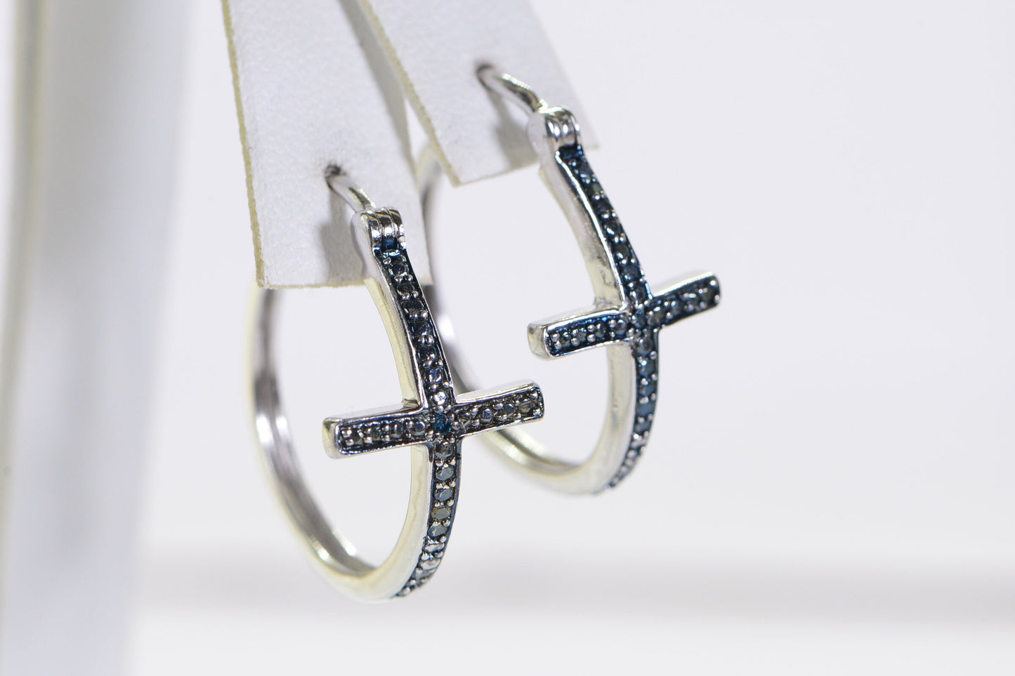 Blue Diamond Cross Hoop Earrings: Sterling Silver Religious Jewelry