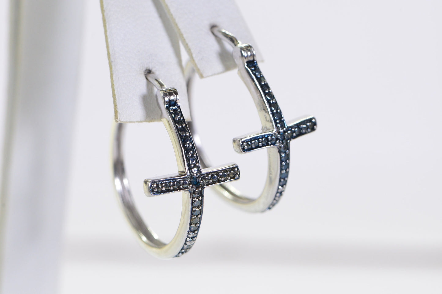Blue Diamond Cross Hoop Earrings: Sterling Silver Religious Jewelry