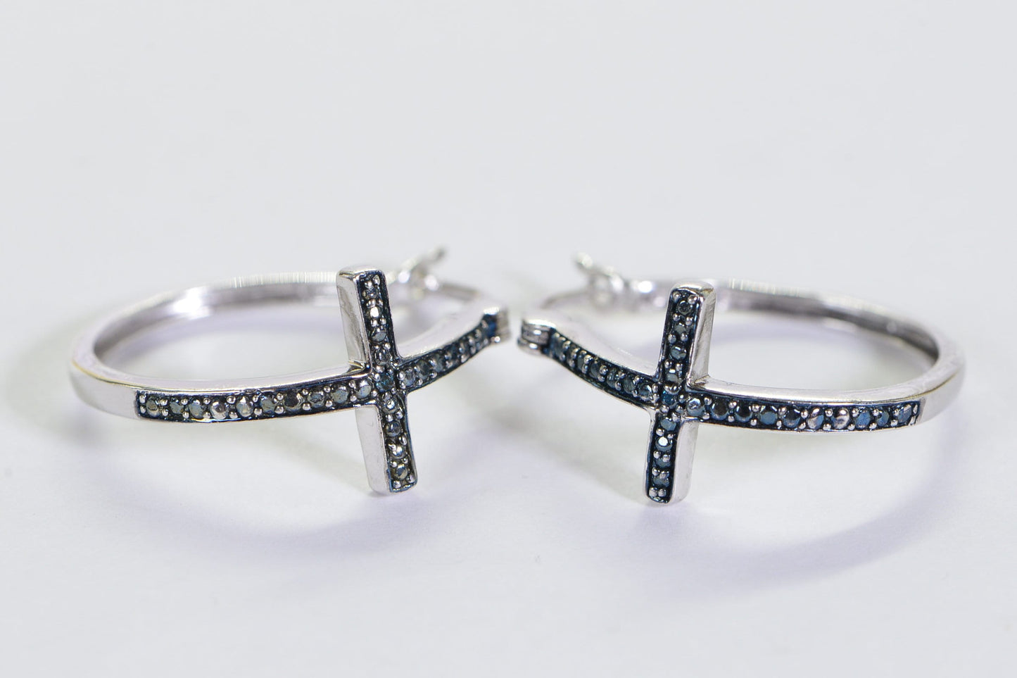 Blue Diamond Cross Hoop Earrings: Sterling Silver Religious Jewelry