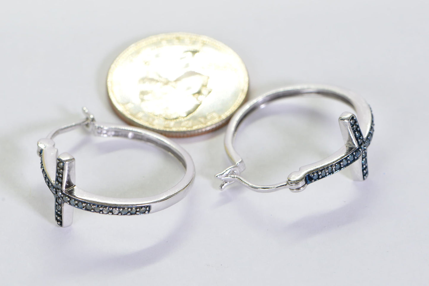 Blue Diamond Cross Hoop Earrings: Sterling Silver Religious Jewelry