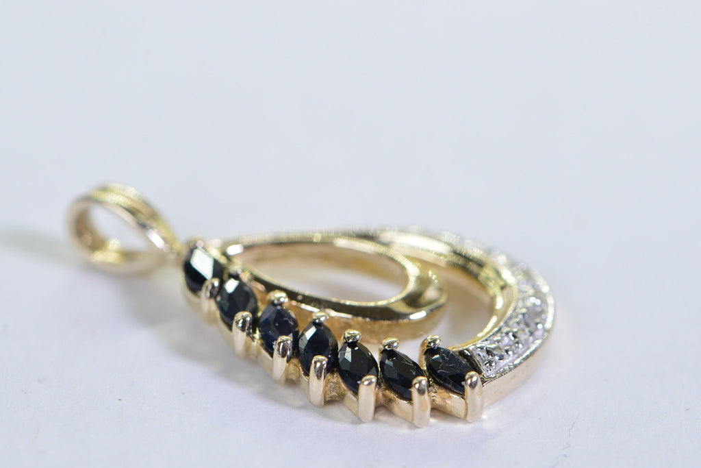 Vintage Sapphire Teardrop Pendant: Two-Tone Gold September Birthstone