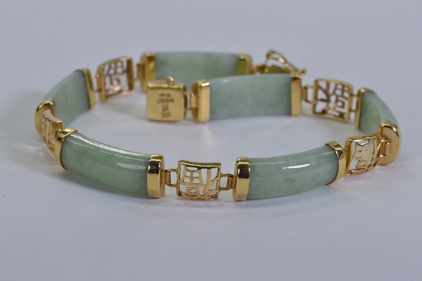 Lucky Mint Green Jade Bracelet, 14K Gold Vintage Link Bracelet