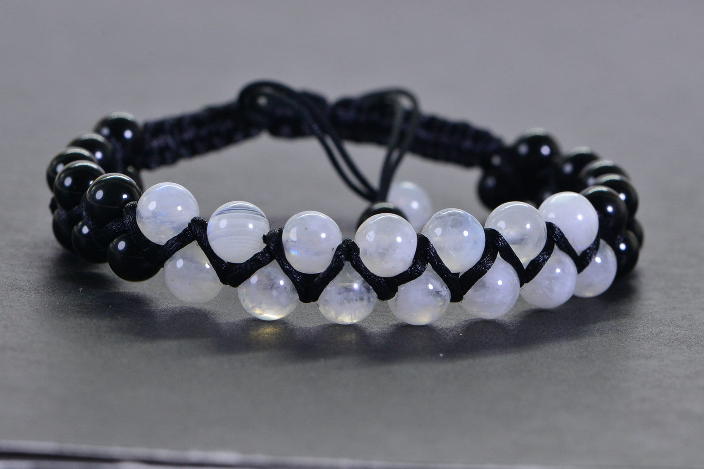 Moonstone & Black Onyx Macrame Bracelet: Crystal Yoga Gift
