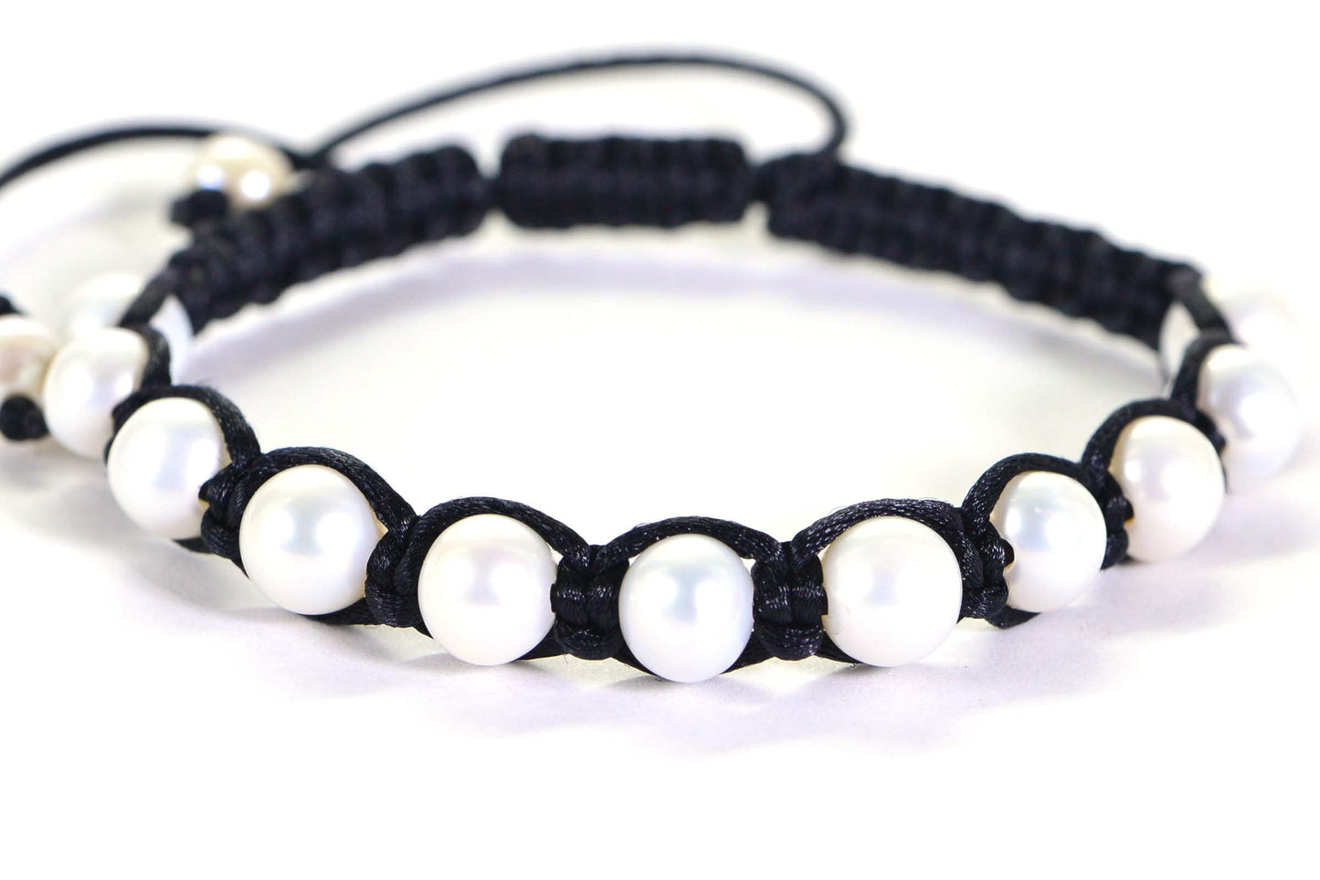 Freshwater Pearl Bracelet, Black Macrame, Adjustable Braided Jewelry