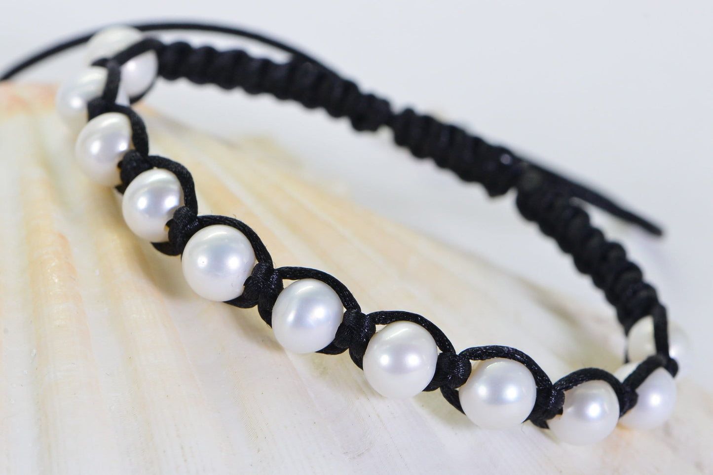 Freshwater Pearl Bracelet, Black Macrame, Adjustable Braided Jewelry