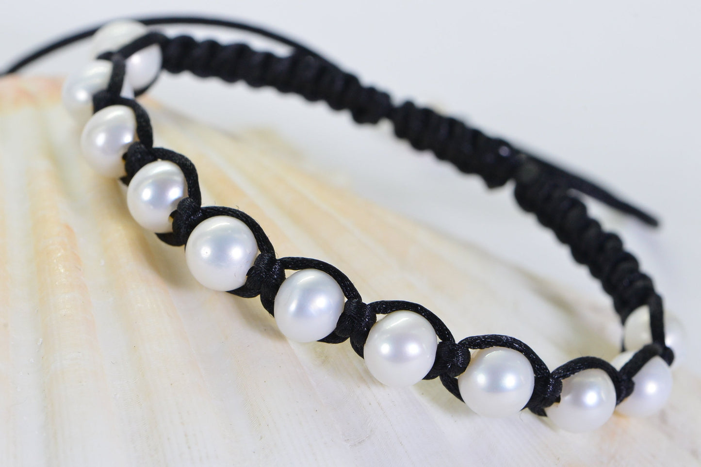 Freshwater Pearl Bracelet, Black Macrame, Adjustable Braided Jewelry