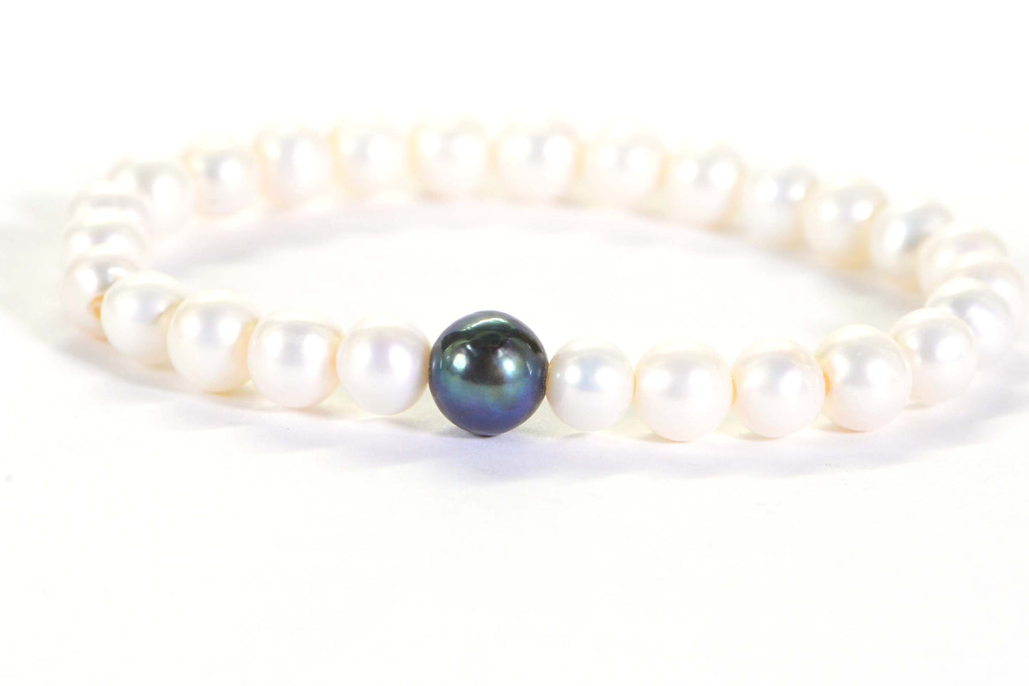 Tahitian Black Pearl Bracelet: White Freshwater Pearl, Adjustable Stretch