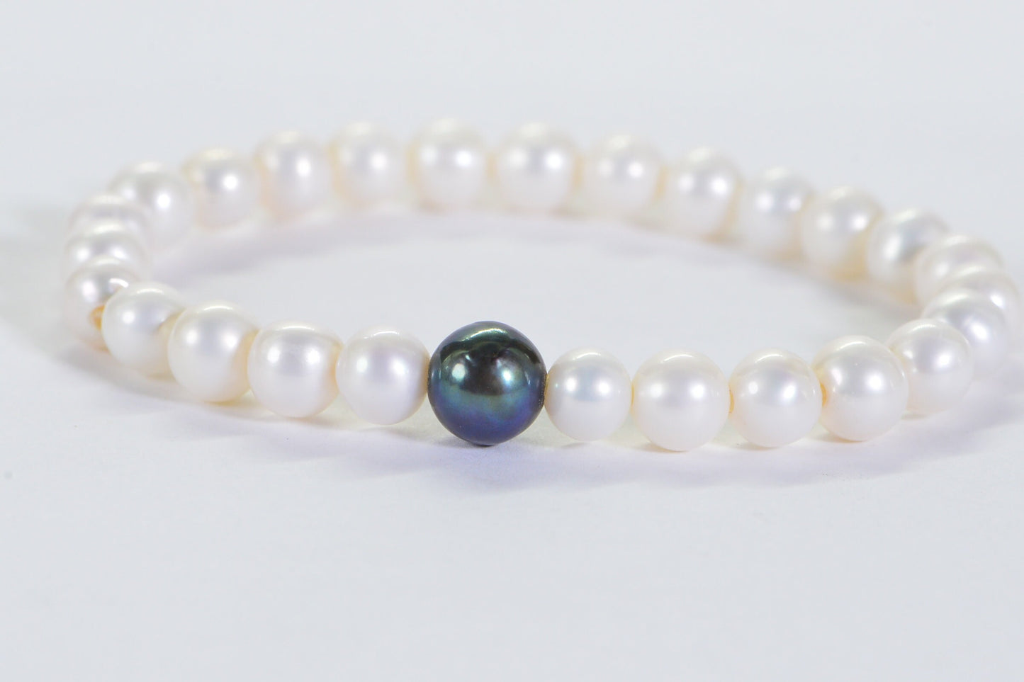 Tahitian Black Pearl Bracelet: White Freshwater Pearl, Adjustable Stretch