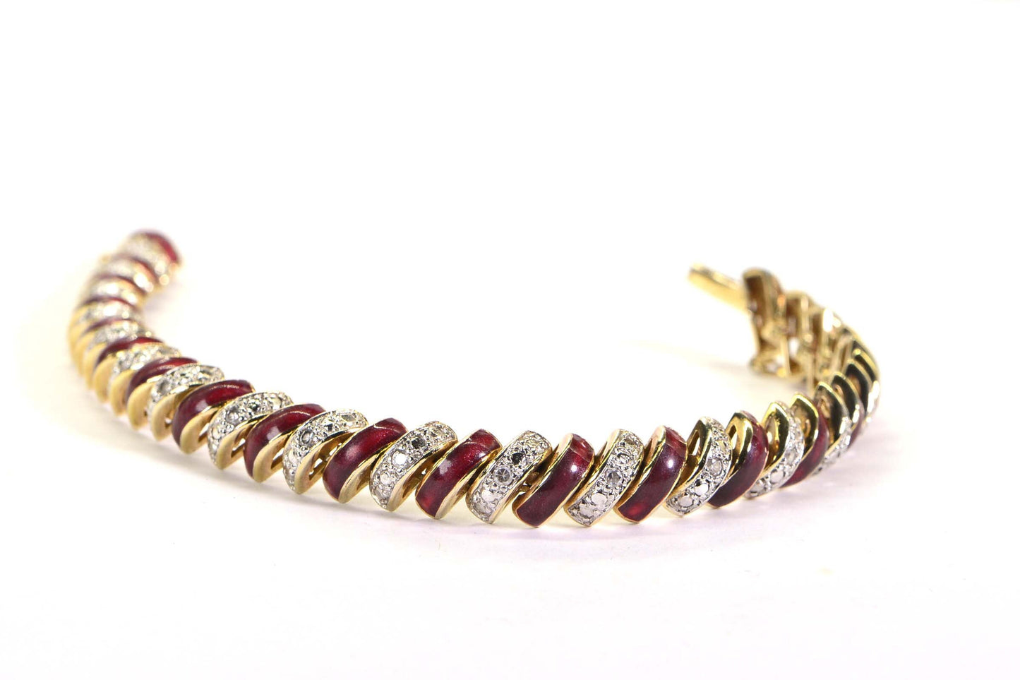 14K Gold Red Enamel Diamond Tennis Bracelet: Vintage Dome Bracelet