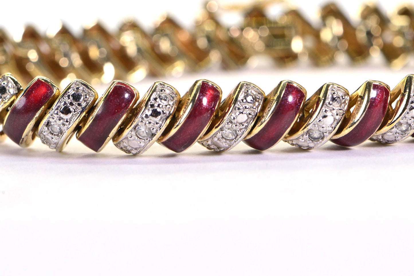14K Gold Red Enamel Diamond Tennis Bracelet: Vintage Dome Bracelet