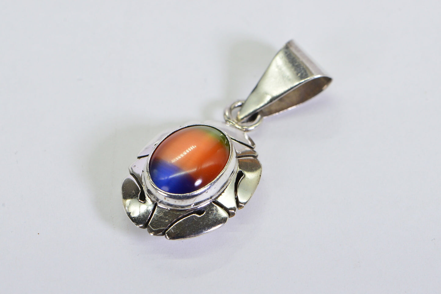 Vintage Sterling Silver and Art Glass Pendant with Imitation Ammonite