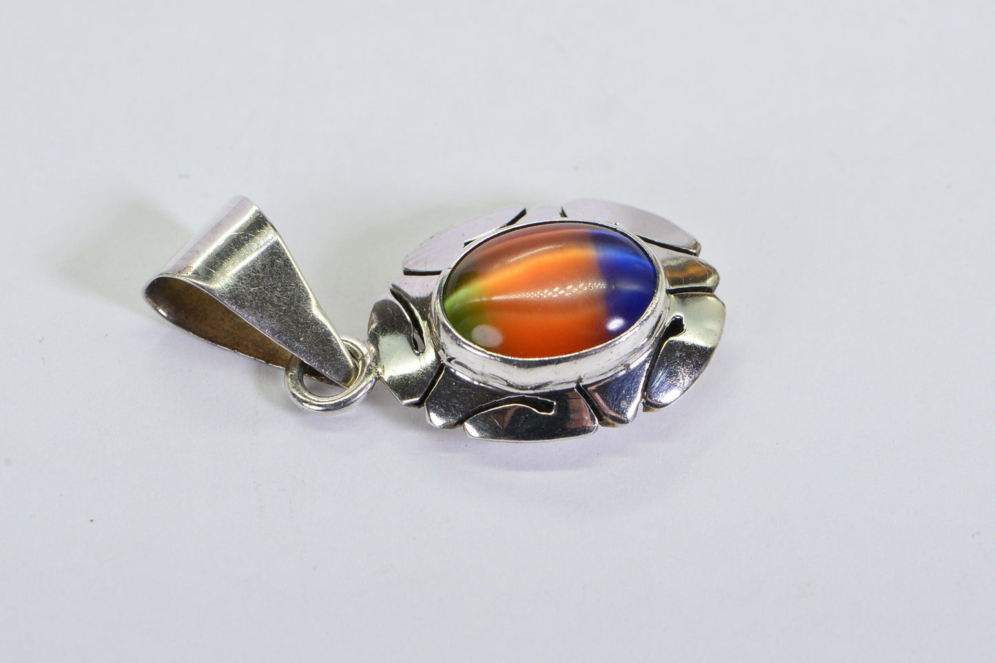 Vintage Sterling Silver and Art Glass Pendant with Imitation Ammonite
