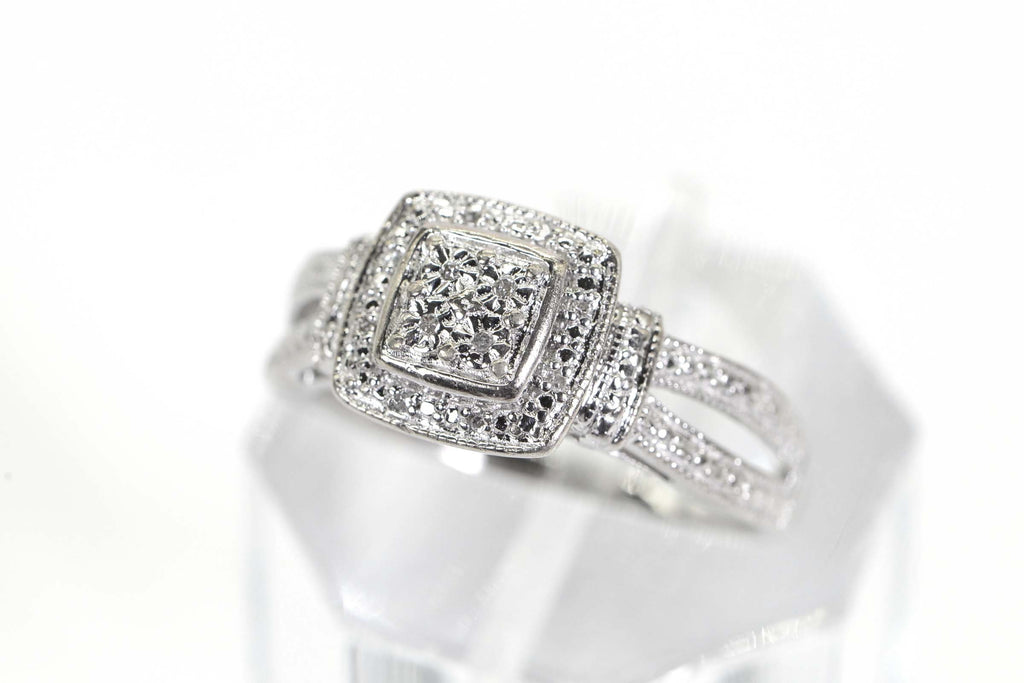 14K White Gold Diamond Halo Ring: Square Cluster Engagement Ring