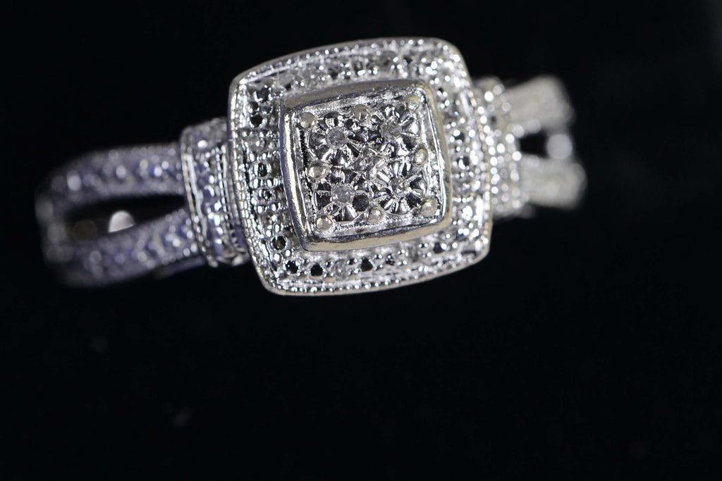 14K White Gold Diamond Halo Ring: Square Cluster Engagement Ring