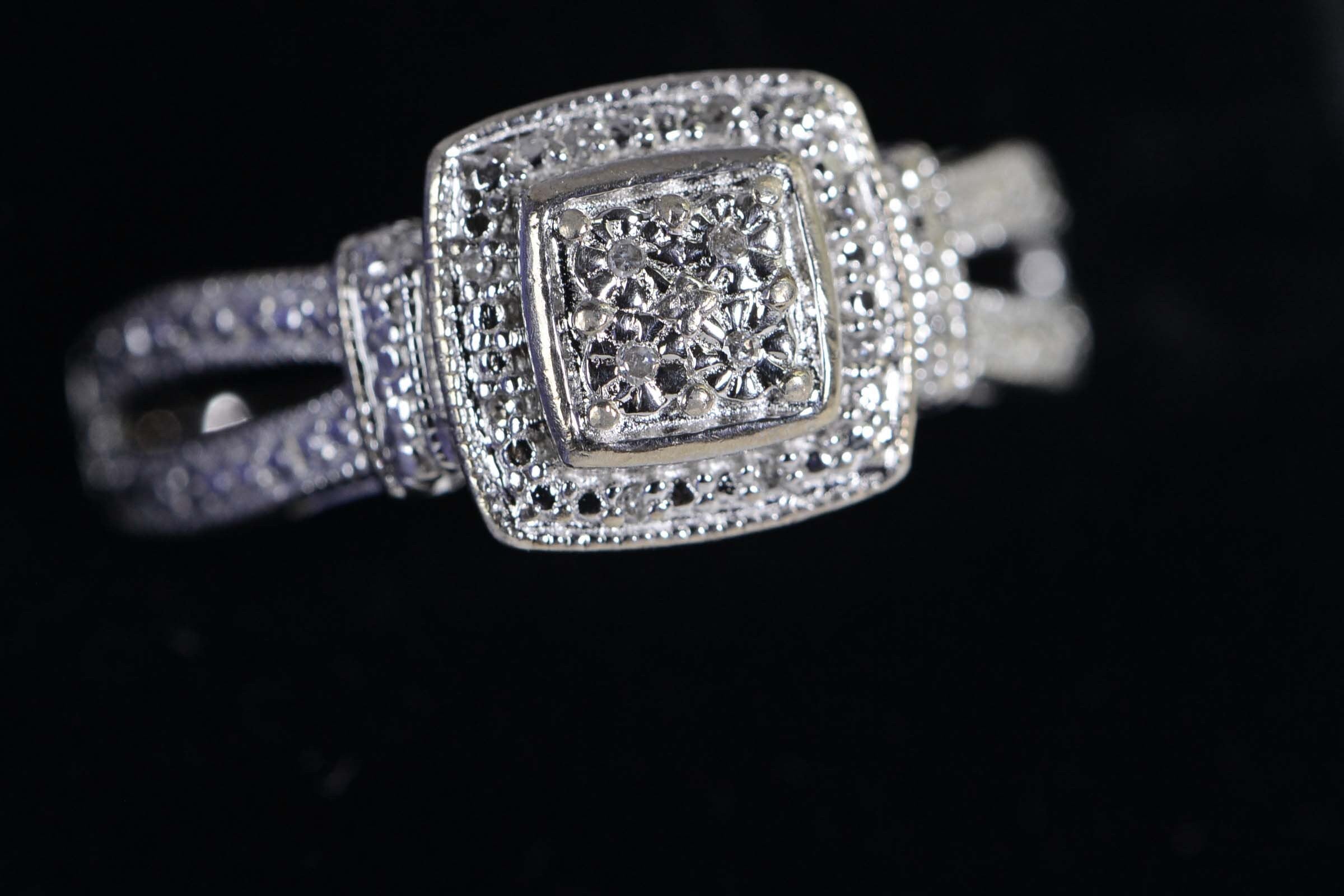 14K White Gold Diamond Halo Ring: Square Cluster Engagement Ring