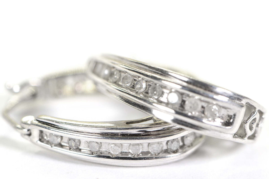 Sterling Silver Diamond Hoop Earrings: Filigree Heart Detail