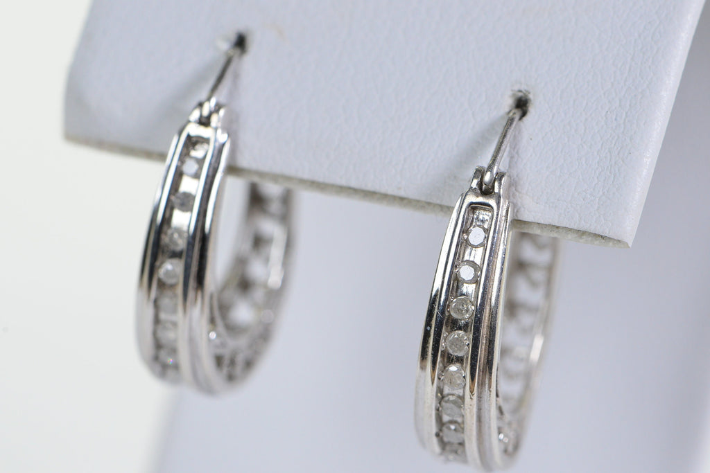 Sterling Silver Diamond Hoop Earrings: Filigree Heart Detail