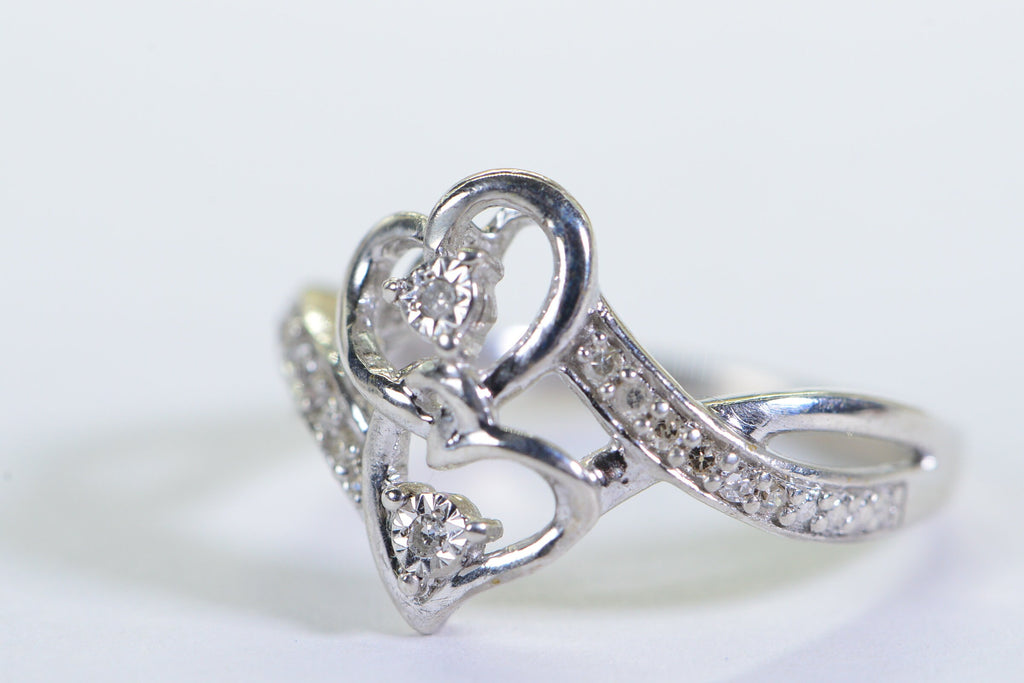 Diamond Two Heart Ring: 14K White Gold over Sterling Silver Engagement Ring