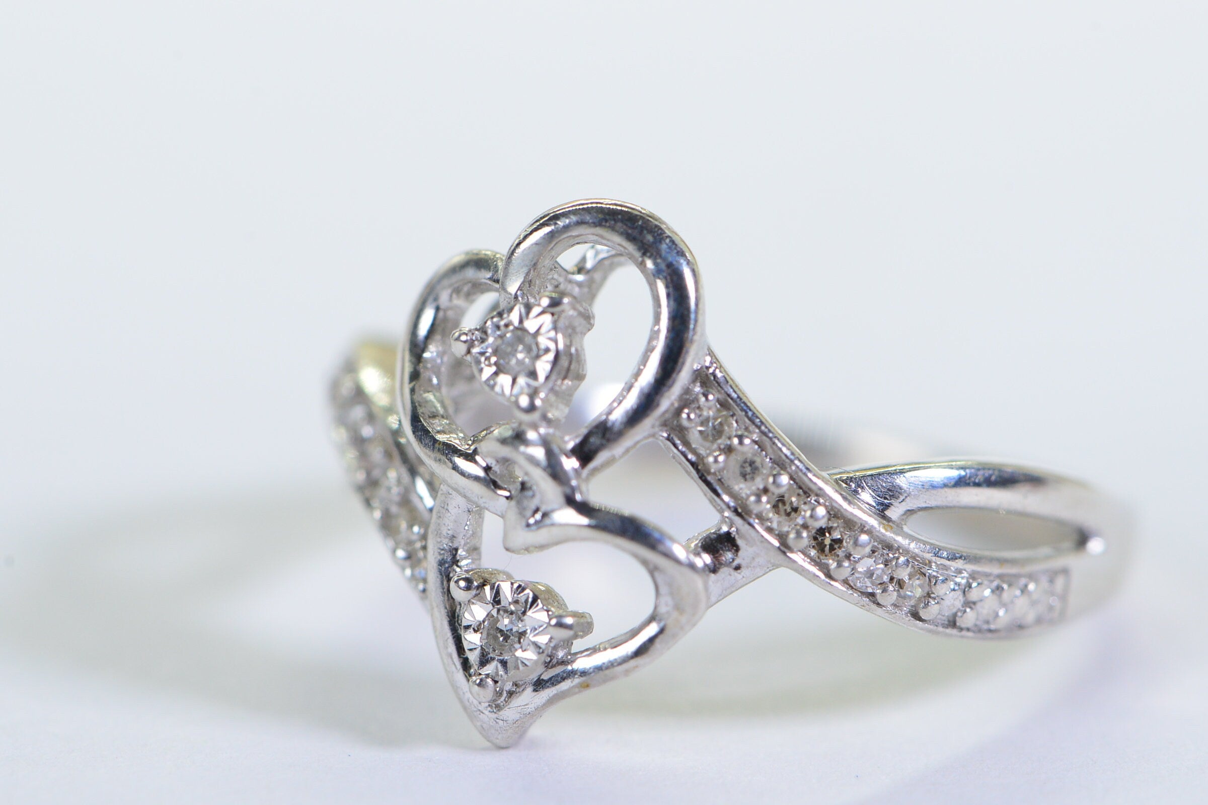 Diamond Two Heart Ring: 14K White Gold over Sterling Silver Engagement Ring
