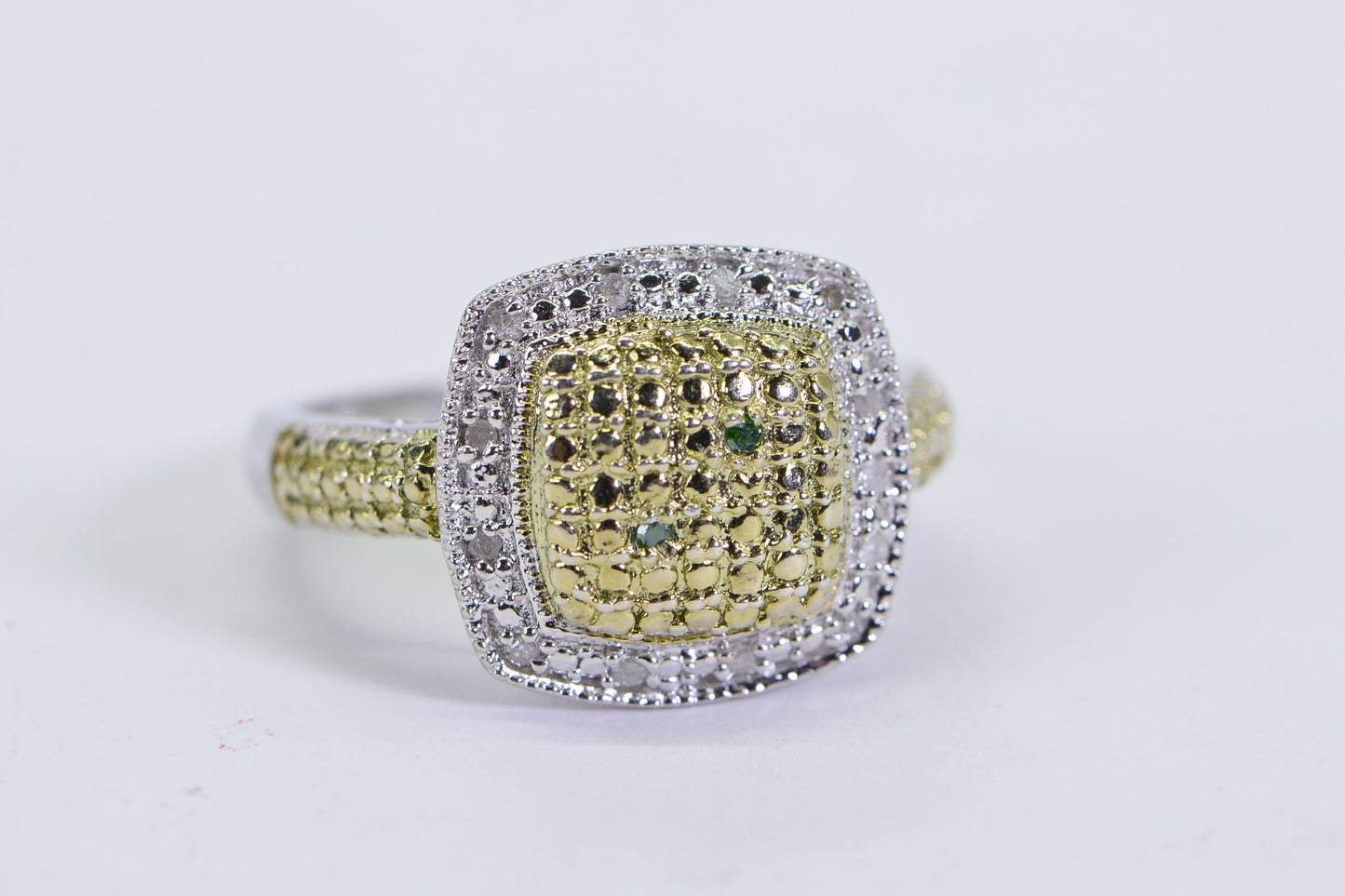 Vintage Two-Tone Diamond Square Ring: White & Yellow Gold over Silver