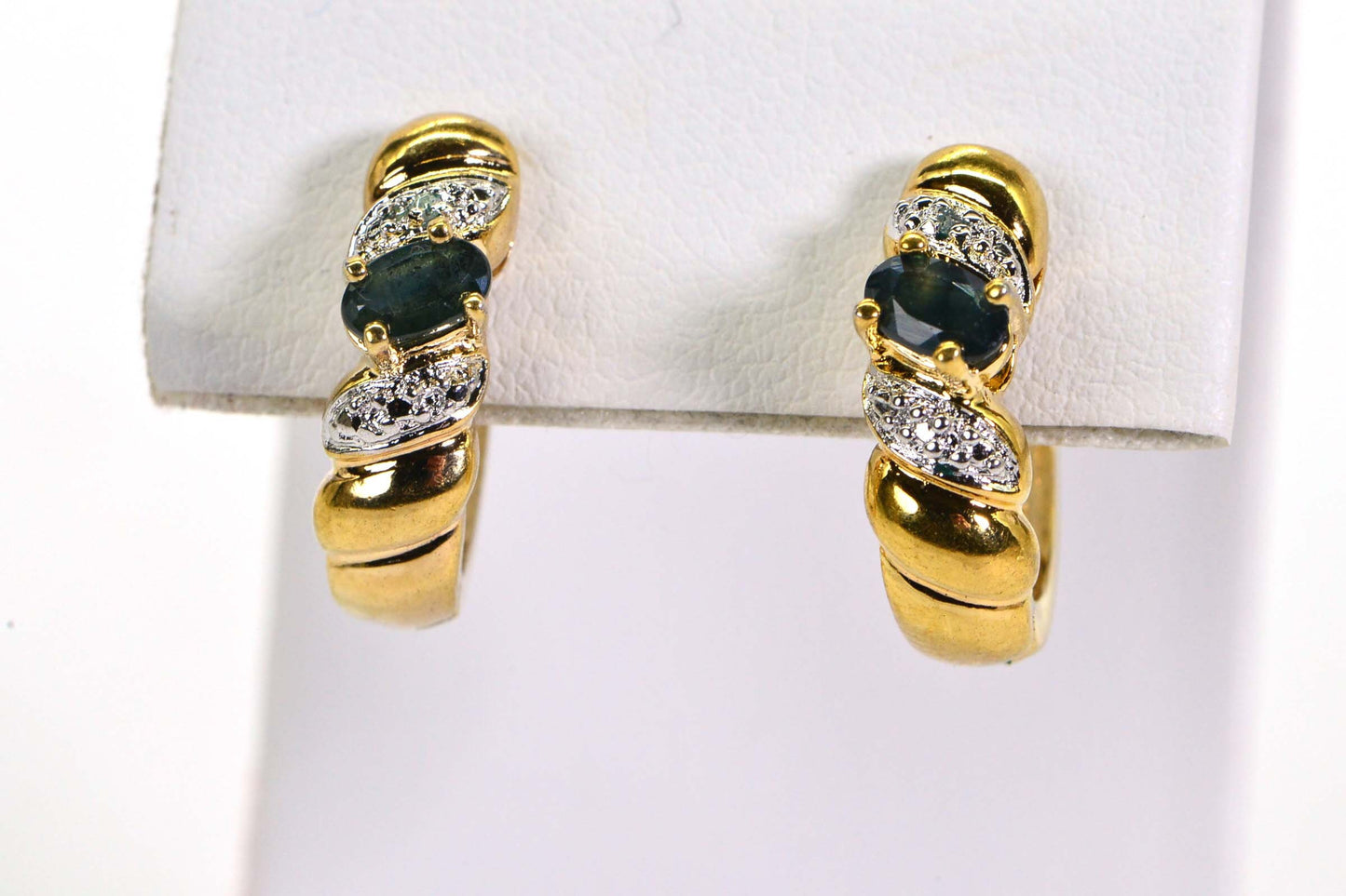 Green Sapphire Diamond Hoop Earrings: 14K Gold Vermeil Sterling Silver
