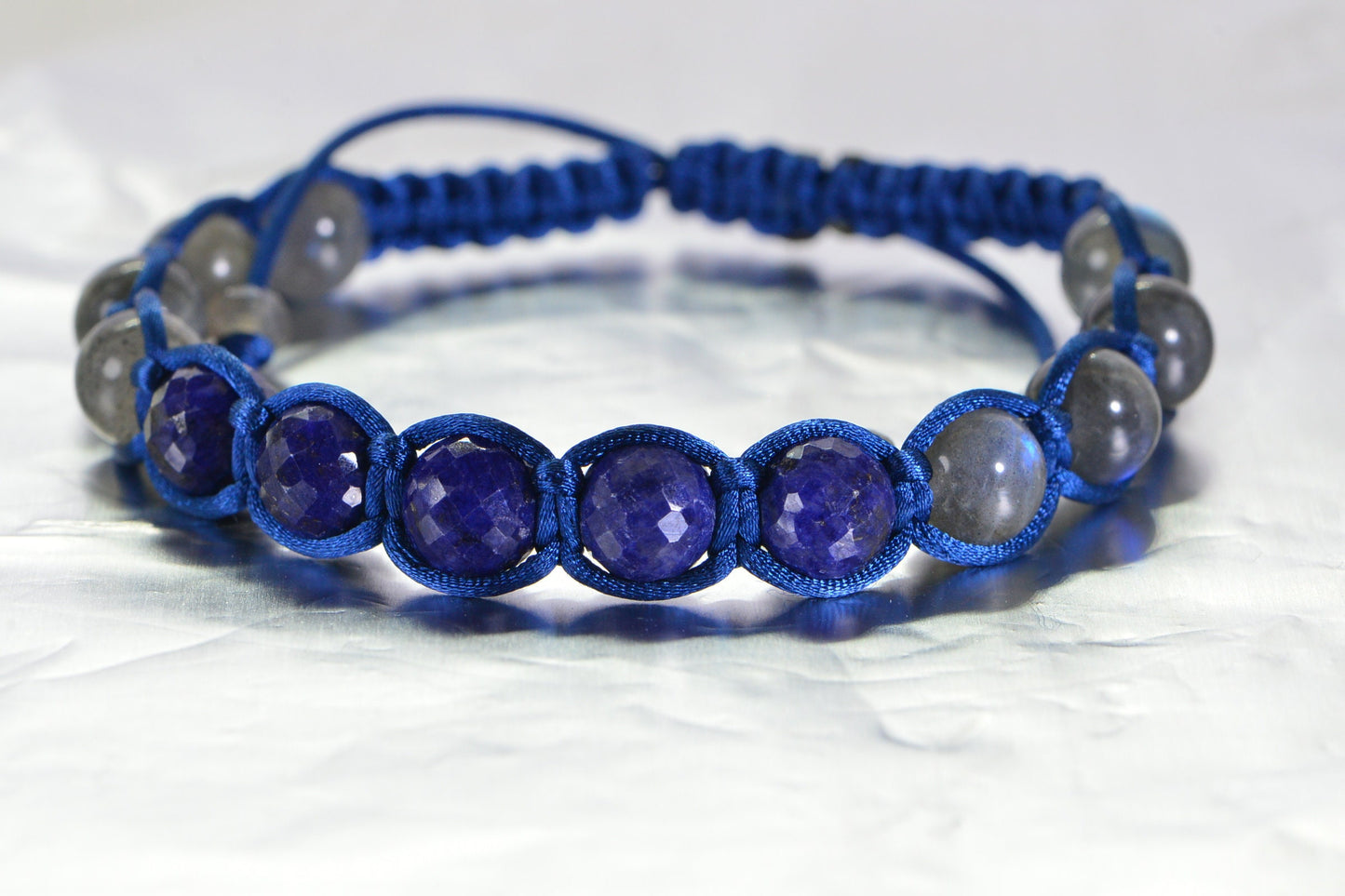 Sapphire & Labradorite Shamballa Bracelet: Braided Gemstone Macrame