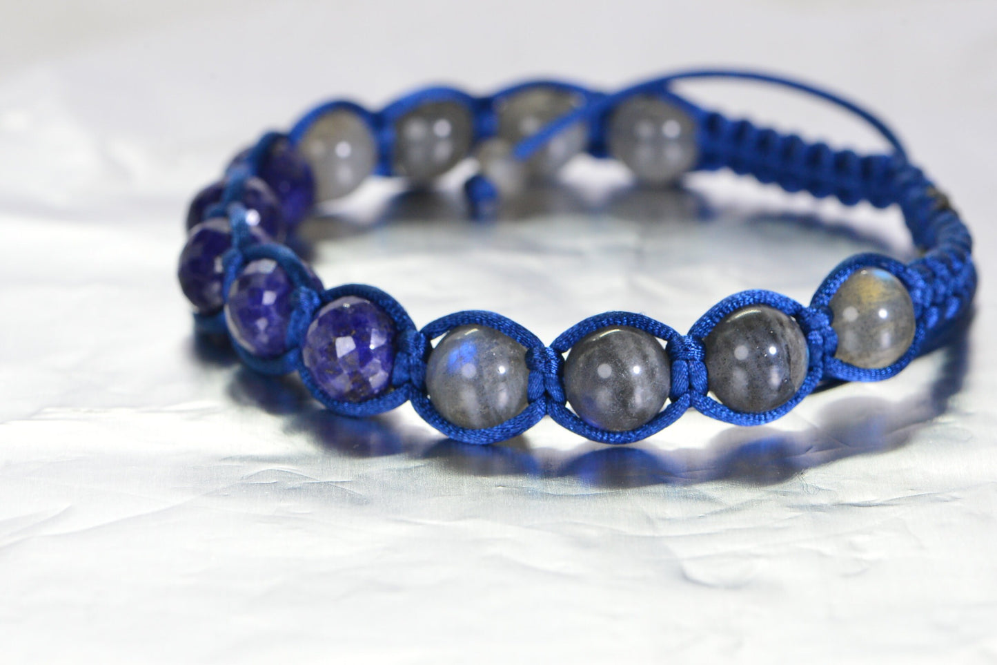 Sapphire & Labradorite Shamballa Bracelet: Braided Gemstone Macrame