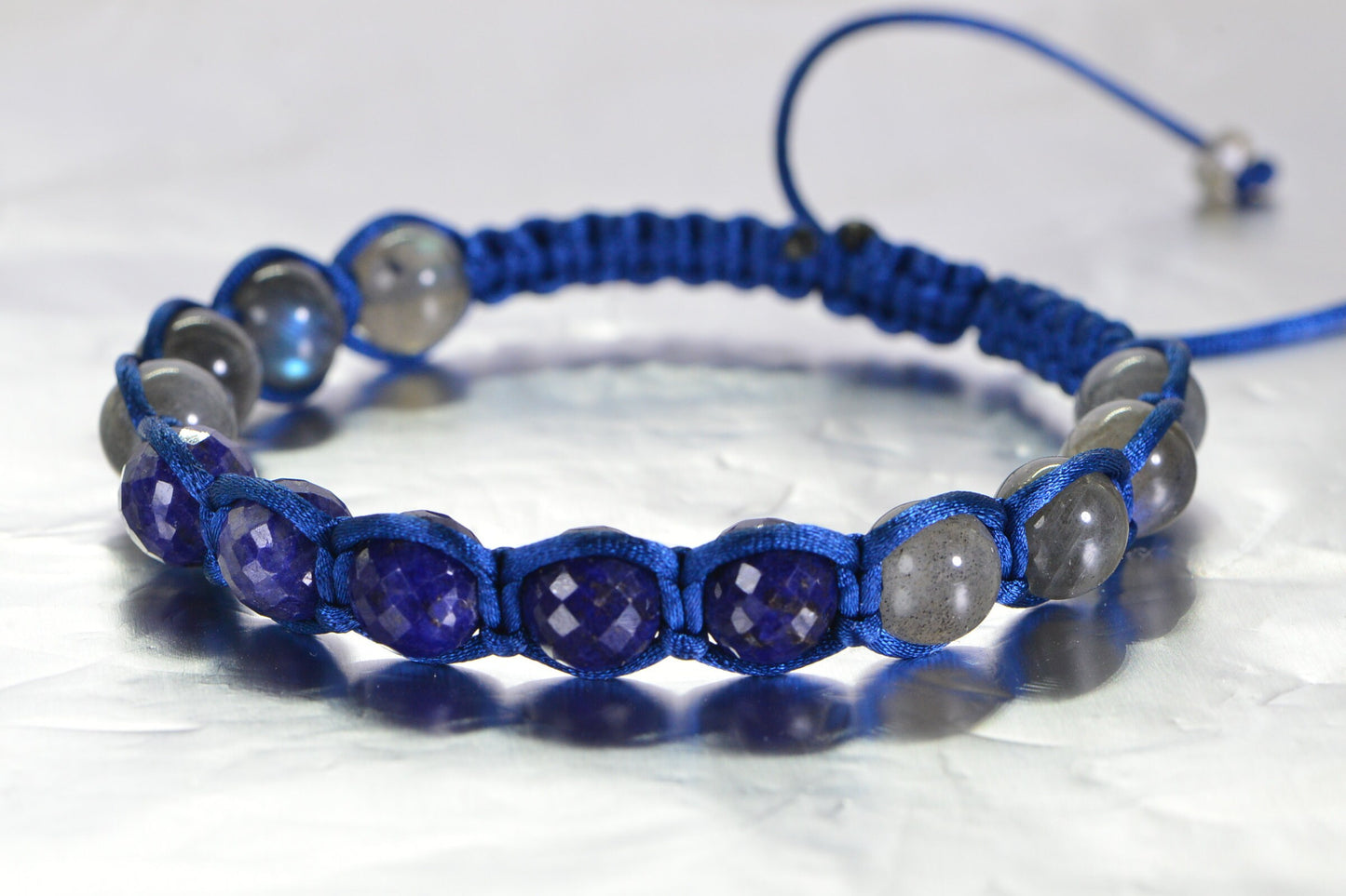 Sapphire & Labradorite Shamballa Bracelet: Braided Gemstone Macrame