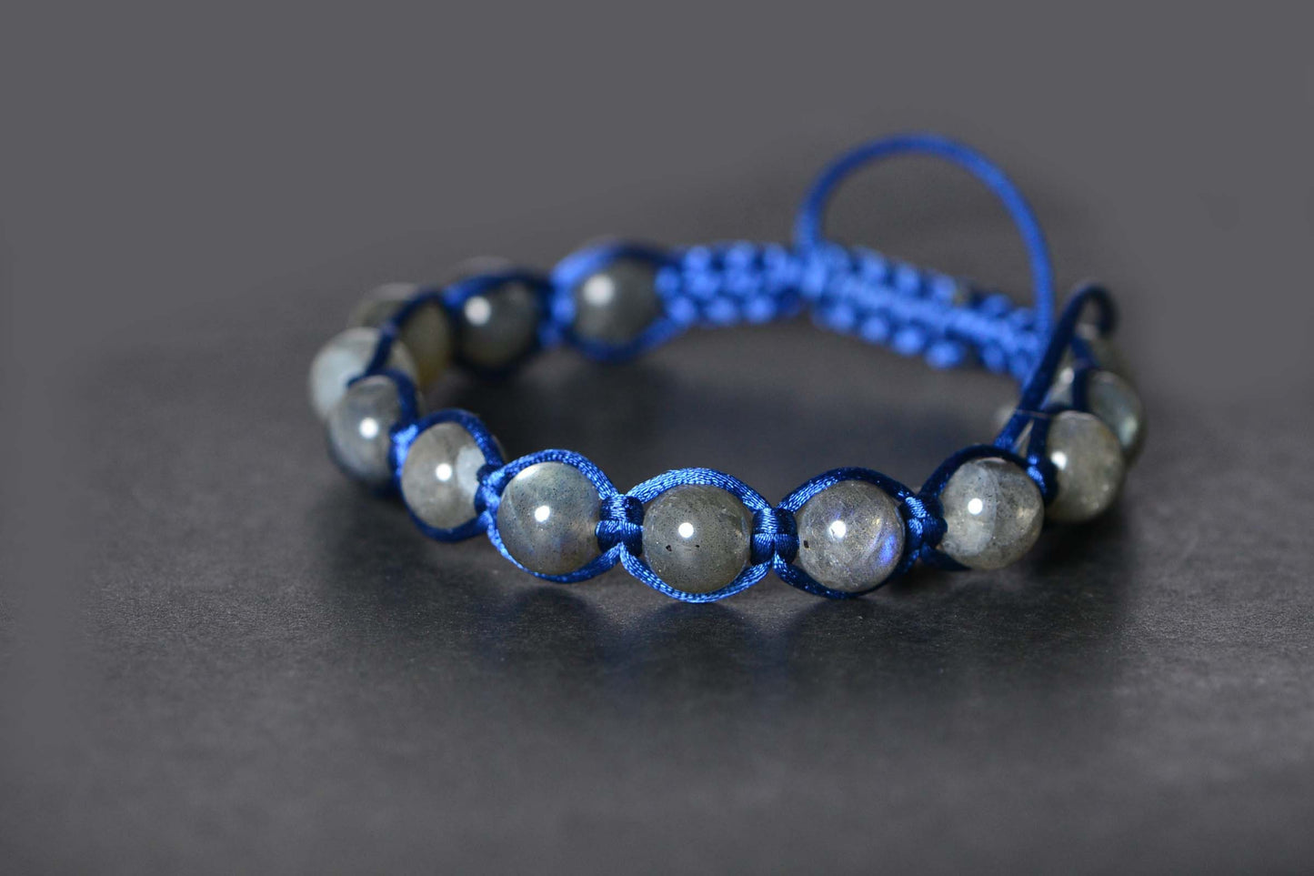 Shamballa Labradorite Bracelet: Braided Gemstone, Navy Blue Cord