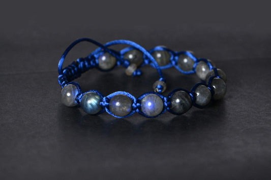 Shamballa Labradorite Bracelet: Braided Gemstone, Navy Blue Cord