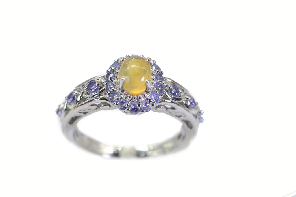 Ethiopian Welo Opal Tanzanite Ring: Sterling Silver Filigree Engagement Ring