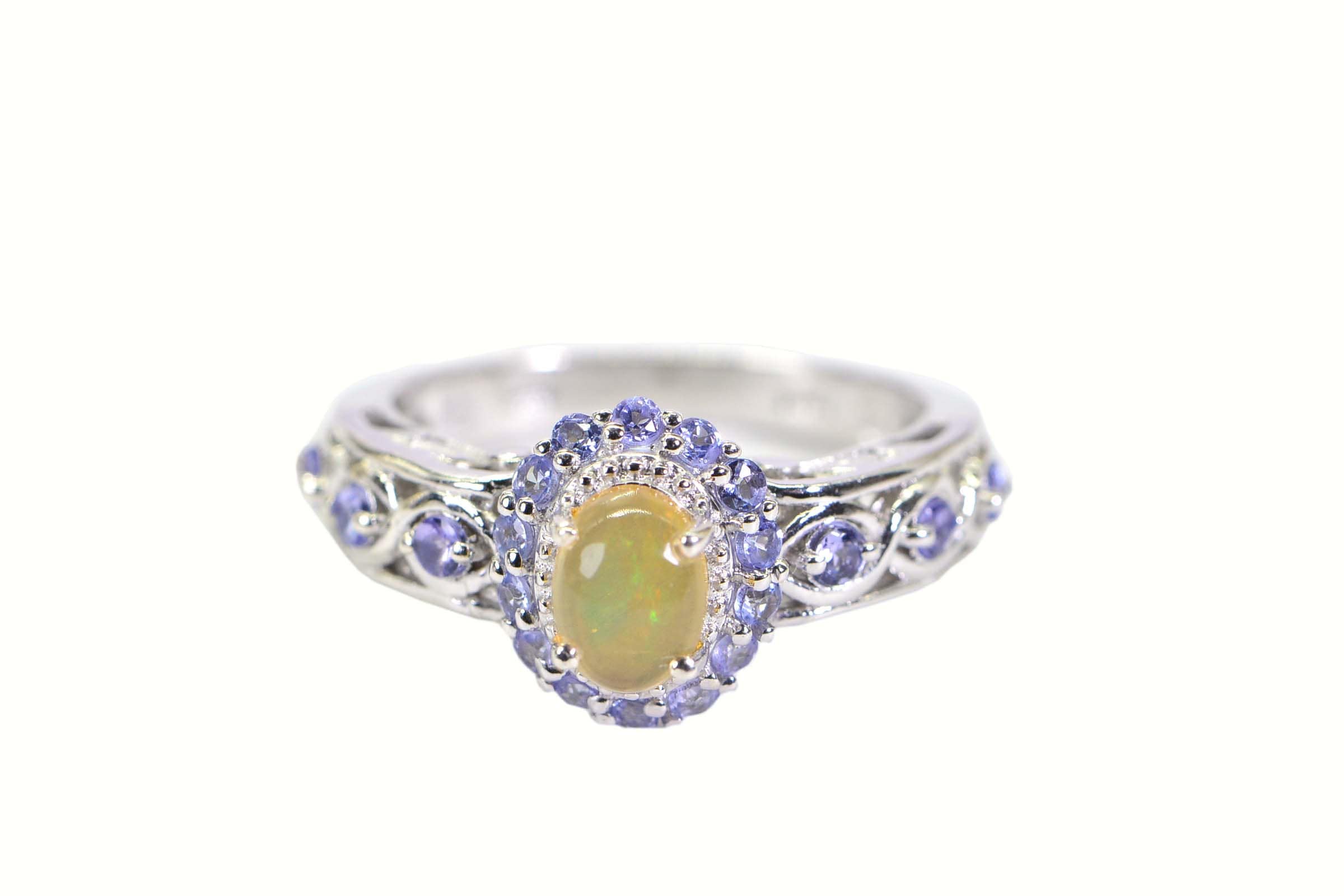 Ethiopian Welo Opal Tanzanite Ring: Sterling Silver Filigree Engagement Ring