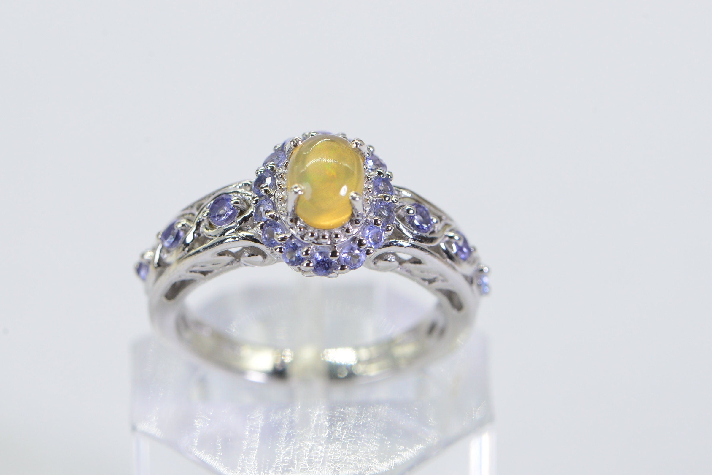 Ethiopian Welo Opal Tanzanite Ring: Sterling Silver Filigree Engagement Ring