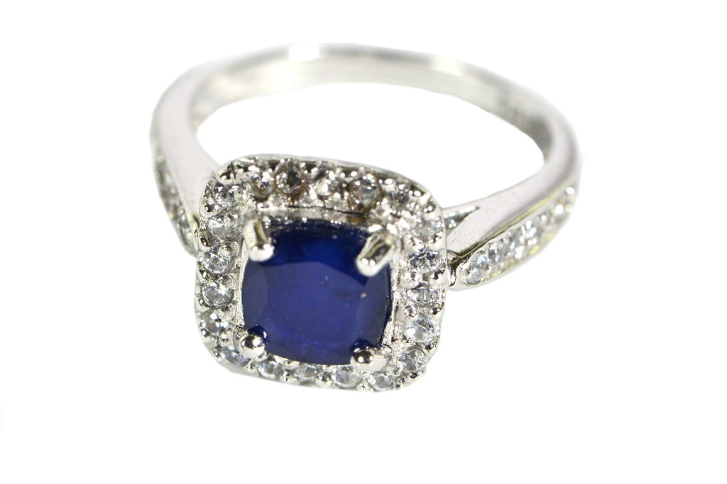 Blue Sapphire Ring: Cushion Cut Halo, Sterling Silver Engagement Ring