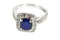 Blue Sapphire Ring: Cushion Cut Halo, Sterling Silver Engagement Ring