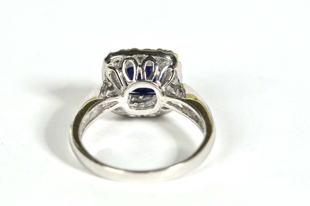 Blue Sapphire Ring: Cushion Cut Halo, Sterling Silver Engagement Ring