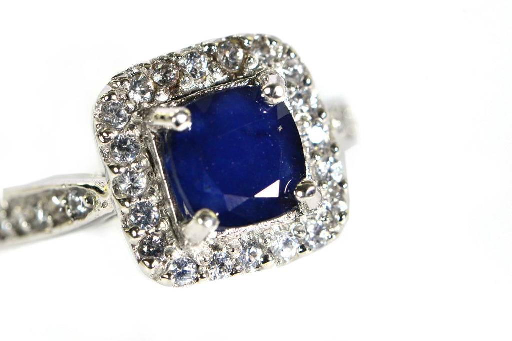 Blue Sapphire Ring: Cushion Cut Halo, Sterling Silver Engagement Ring