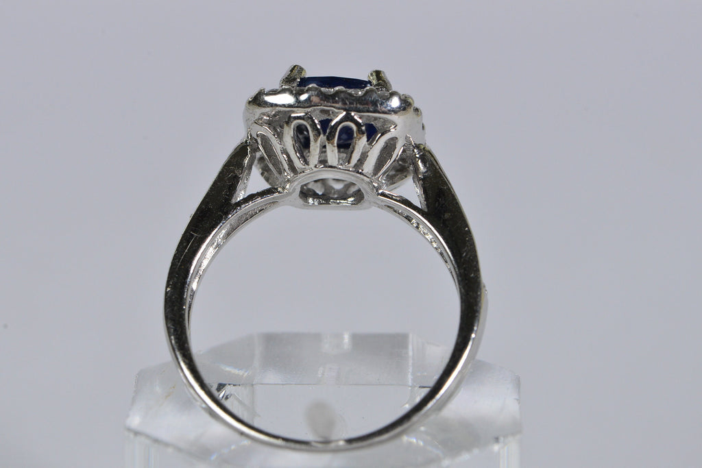 Blue Sapphire Ring: Cushion Cut Halo, Sterling Silver Engagement Ring