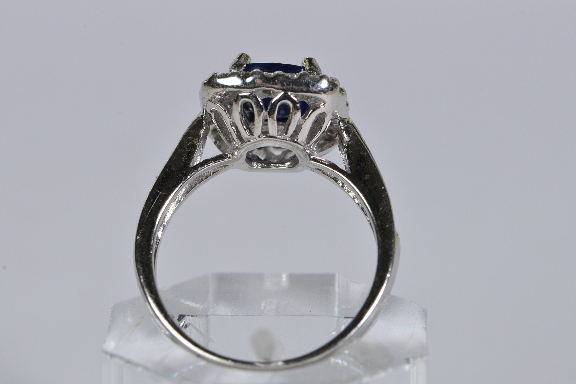 Blue Sapphire Ring: Cushion Cut Halo, Sterling Silver Engagement Ring