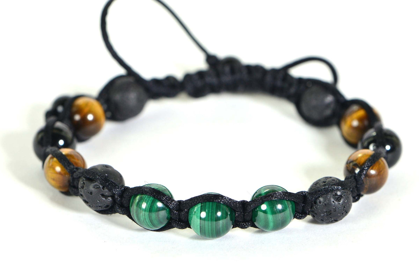 Handmade Shamballa Bracelet: Tiger Eye, Malachite, Black Tourmaline