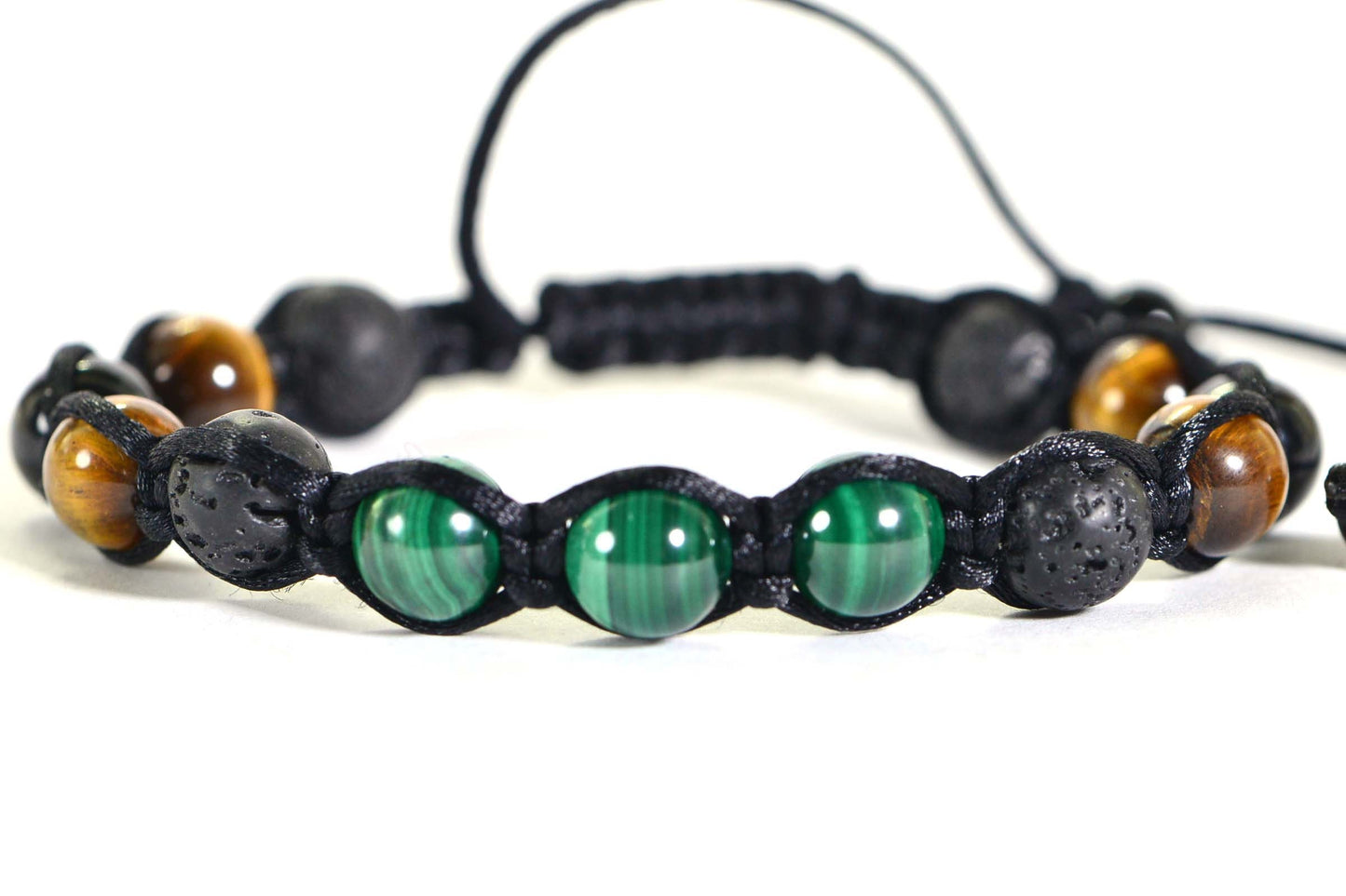 Handmade Shamballa Bracelet: Tiger Eye, Malachite, Black Tourmaline