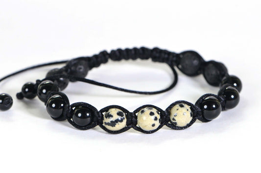 Handmade Shamballa Bracelet: Black Obsidian, Dalmatian Jasper & Lava Beads