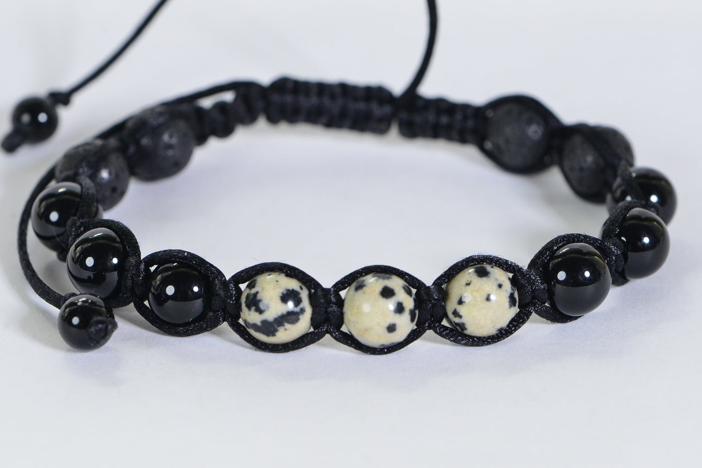 Handmade Shamballa Bracelet: Black Obsidian, Dalmatian Jasper & Lava Beads