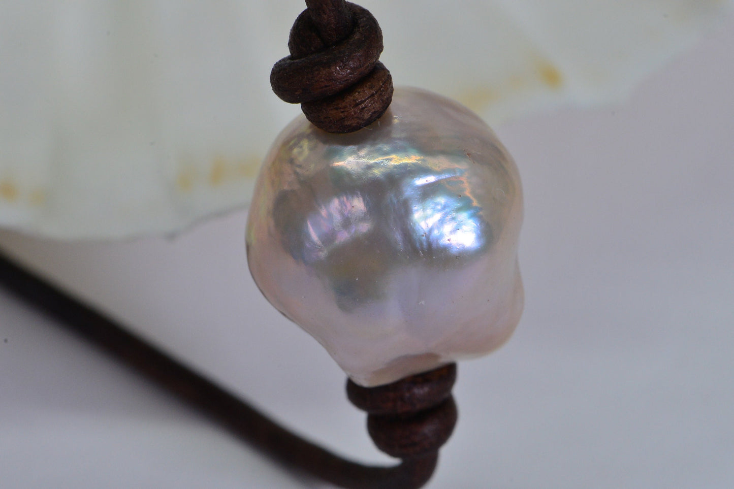 16mm Saltwater Pearl Choker: Knotted Leather Cord, Pink Peach Gemstone