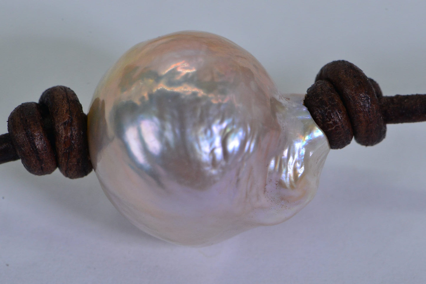 16mm Saltwater Pearl Choker: Knotted Leather Cord, Pink Peach Gemstone