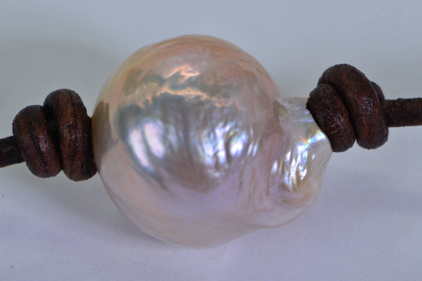 16mm Saltwater Pearl Choker: Knotted Leather Cord, Pink Peach Gemstone