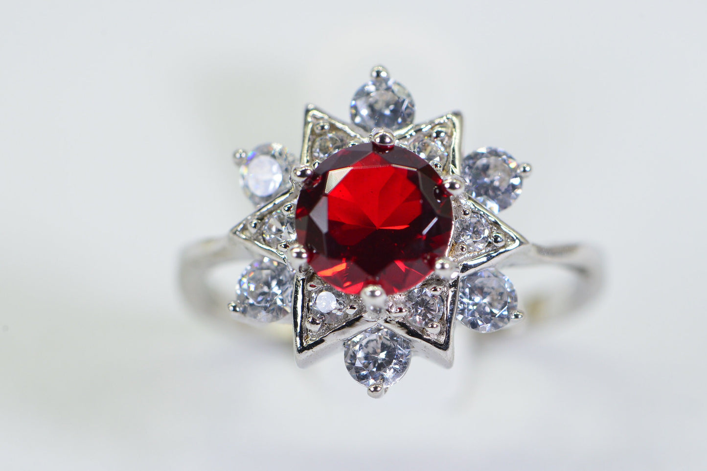 Natural Ruby Sterling Silver Ring: Vintage Halo Engagement Ring