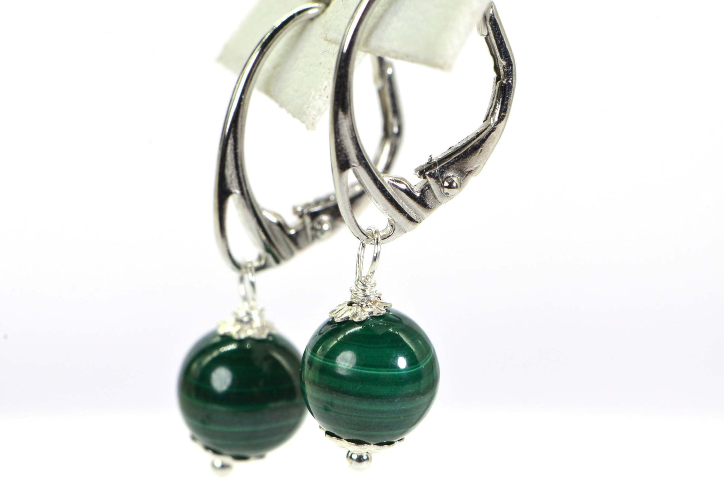 Malachite Earrings Simple Round Shape Drop Wire Wrapped Sterling Silver Minimalist Earrings For Her