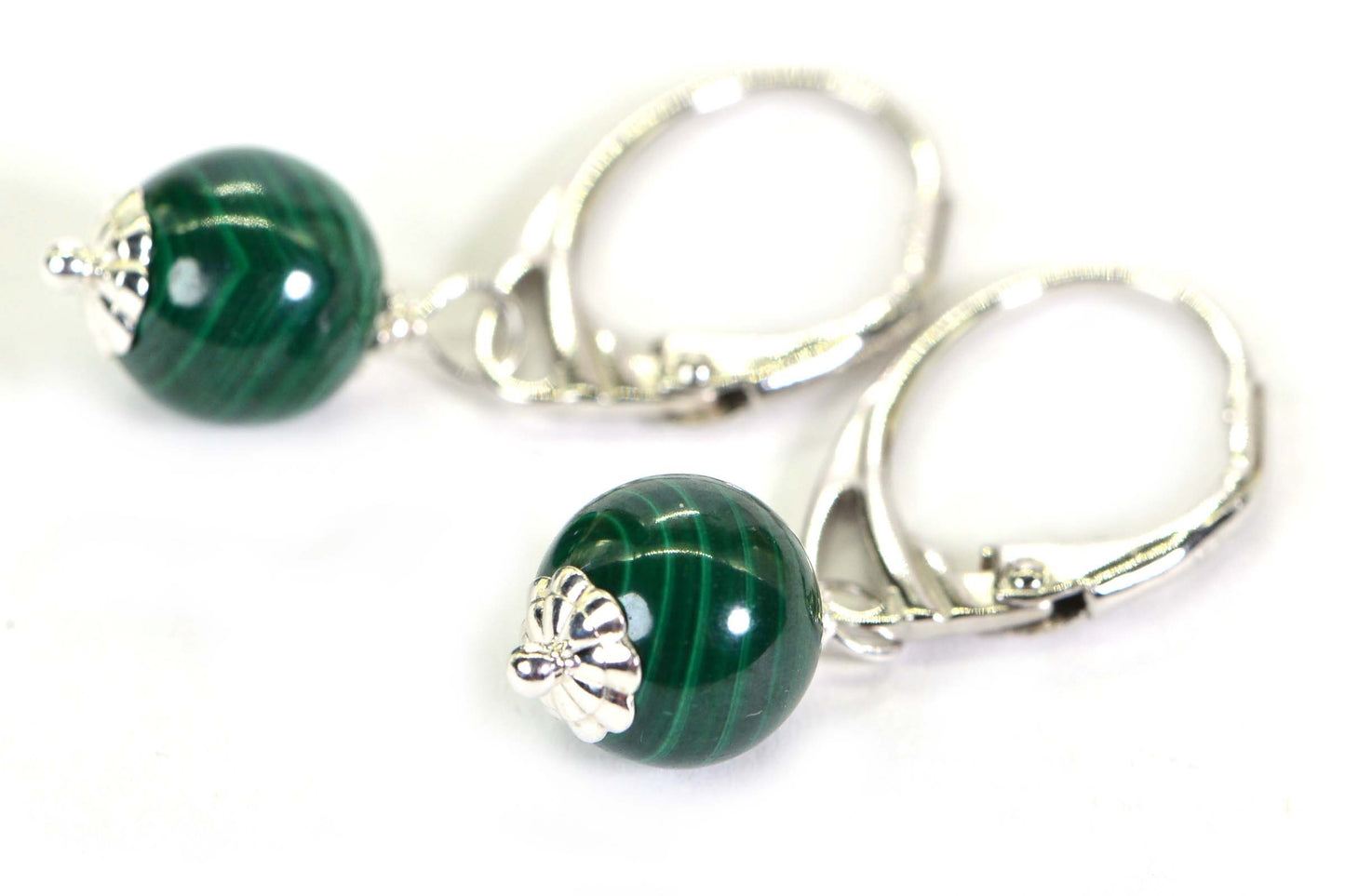 Malachite Earrings Simple Round Shape Drop Wire Wrapped Sterling Silver Minimalist Earrings For Her